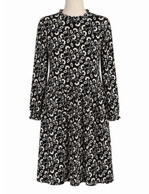 Boden Clara Floral Jersey Black White Ruffle Neck Dress Women's 14L Black White